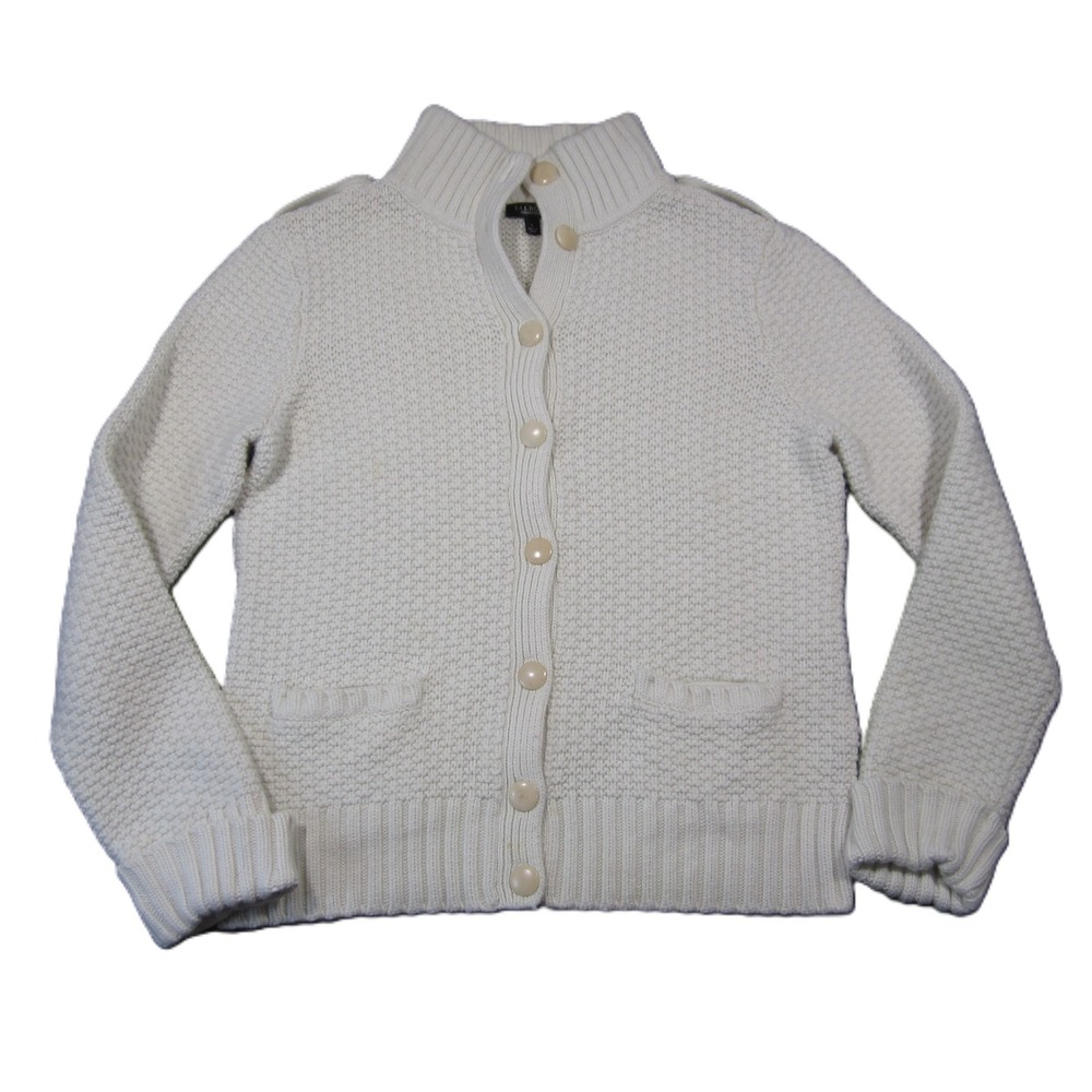 Talbots Cardigan L Ivory Lambswool Angora‎ Soft Textured Knit Mock Neck Preppy